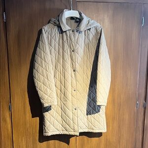 L.L. Bean Women’s Quilted Tan Jacket with detachable hood. Size Petite Small